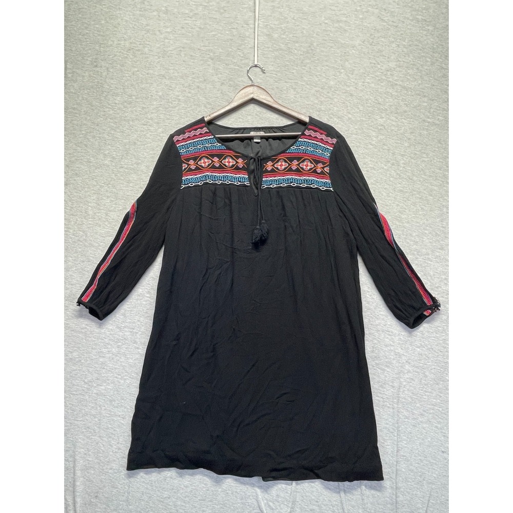 Falls Creek Mini Dress Womens XL Black Embroidered Yoke Round Neck Tassel Detail